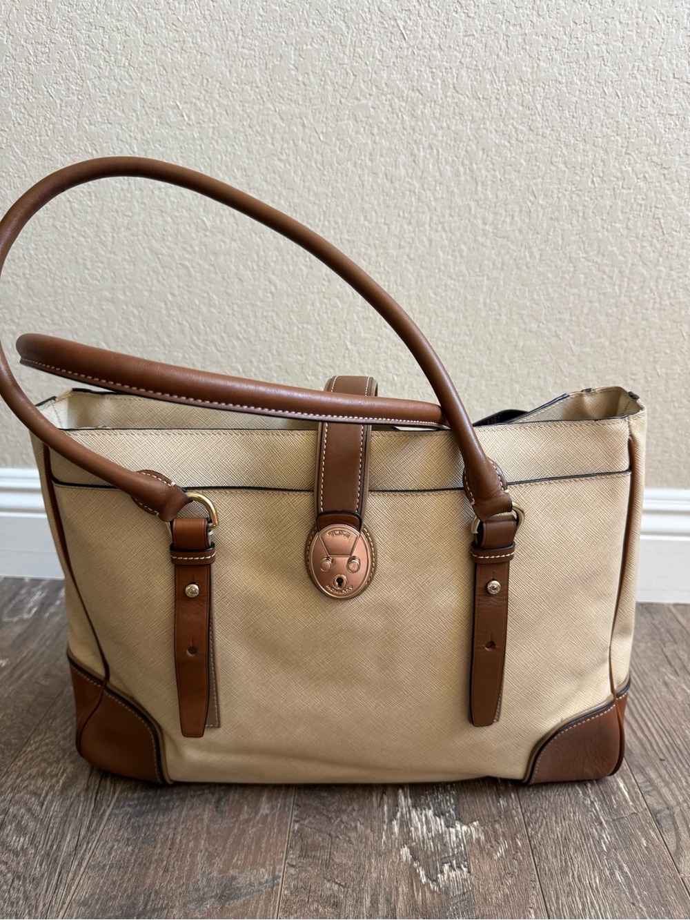 TUMI Voyageur Bailey Business Tote Tan Brown Leather Trim Work Bag